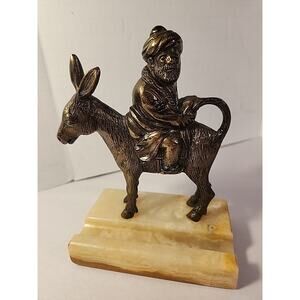 Brass Statue Hodja Man Riding Donkey Backwards Marble Base Turkish Folktale